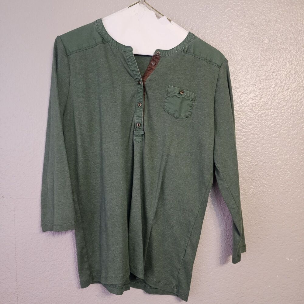 Lauren Ralph Lauren Women's Sz Large Olive Henley Top Faux Leather Trim O731